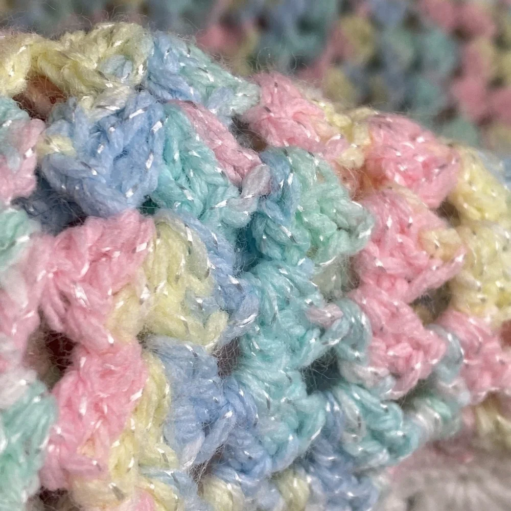 Crocheted Homemade Baby Blanket Pink, Yellow, Green, Blue and White 36x26